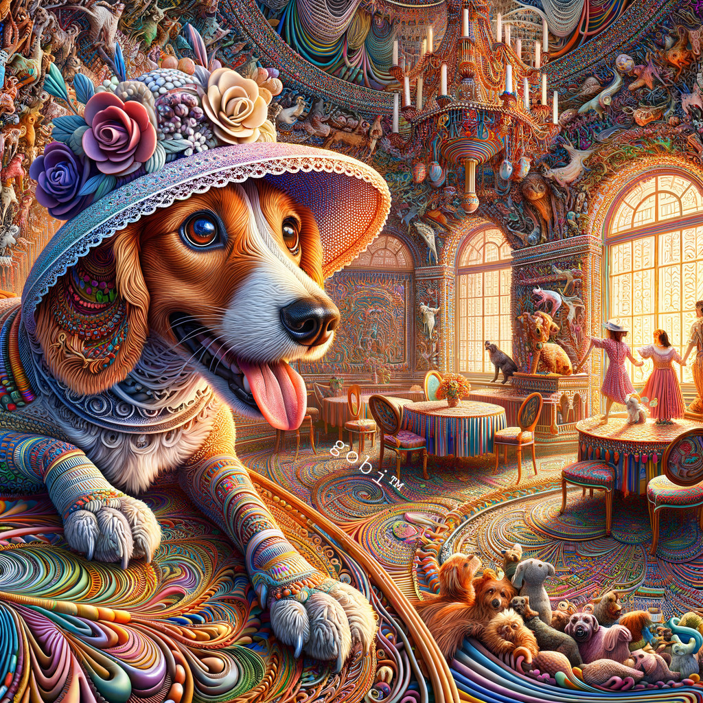 Colorful whimsical artwork: Dog in floral hat surrounded by playful dogs and dancing figures