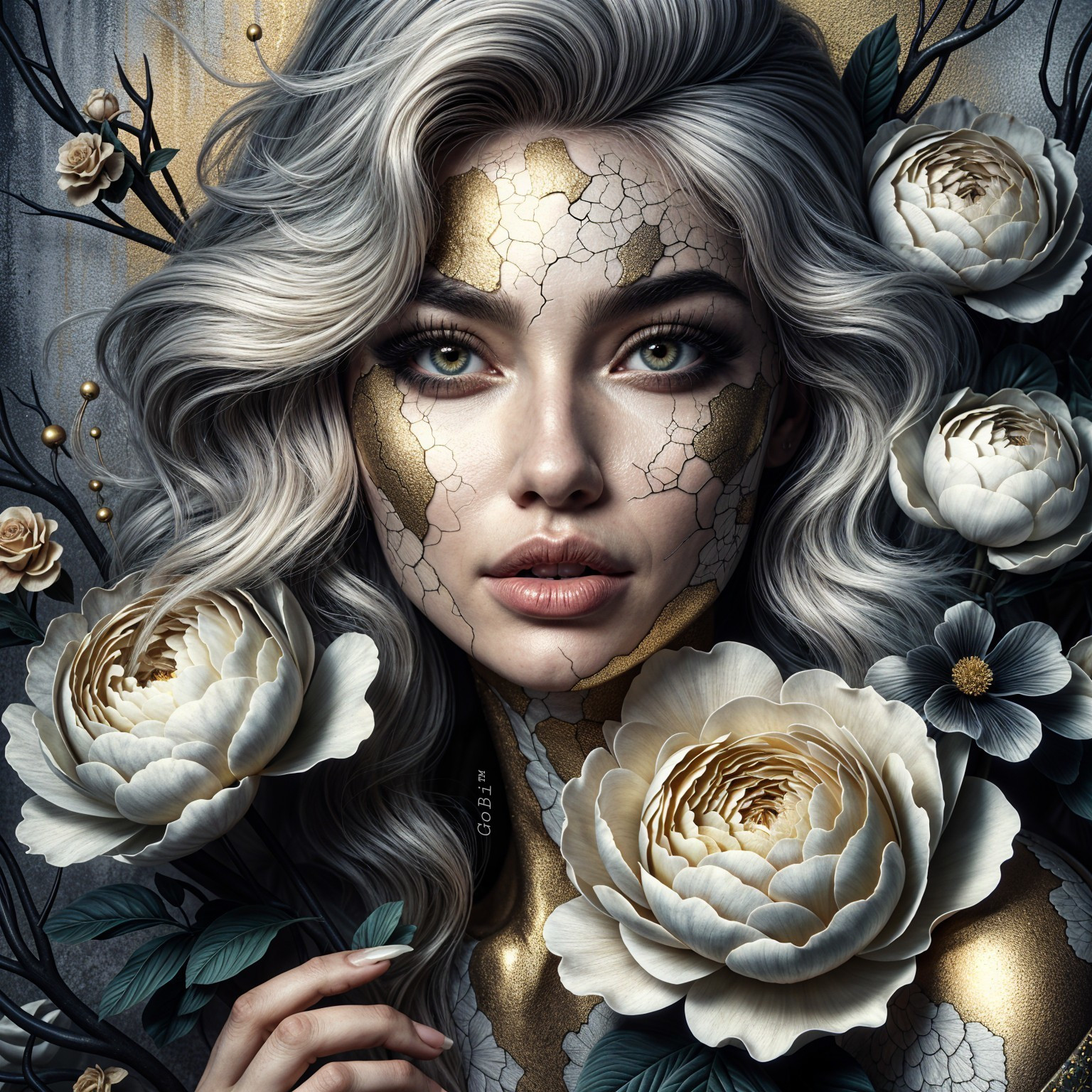 Portrait of a Woman with Silver Hair and Golden Skin