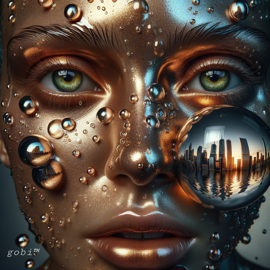 Close-Up of Face with Metallic Paint and City Reflection