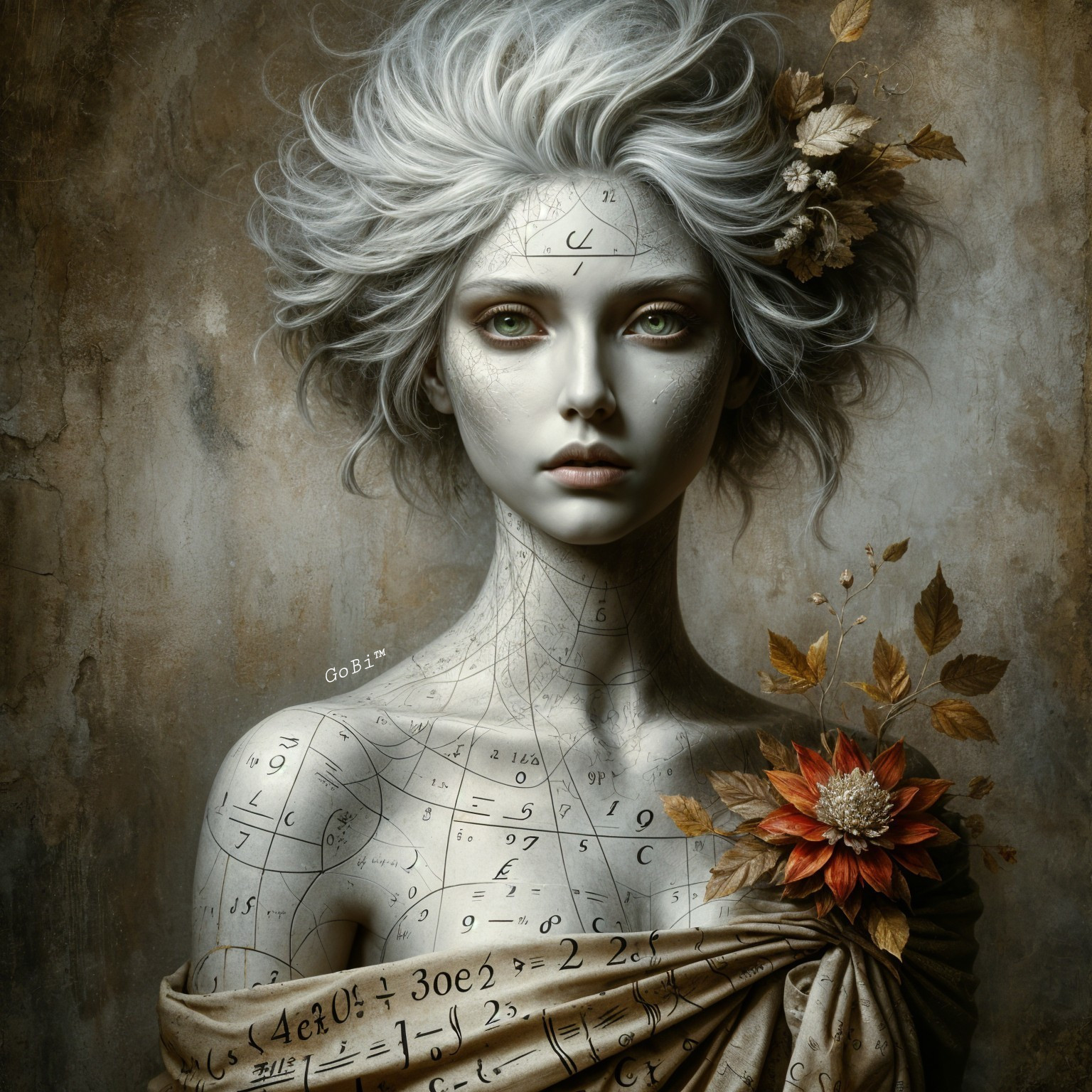 Ethereal Figure with Mathematical Skin Against Nature