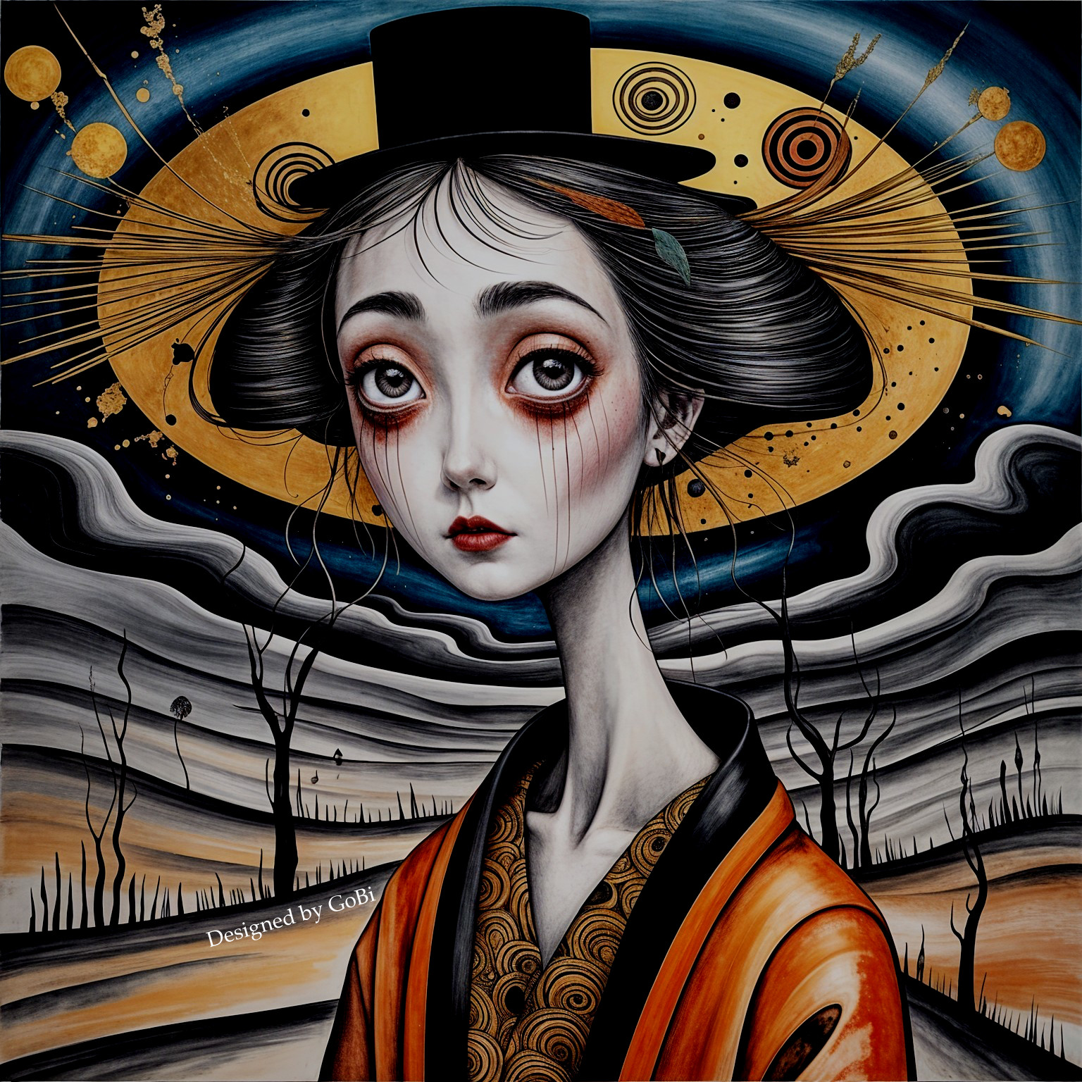 Stylized Figure in Orange Kimono with Golden Halo