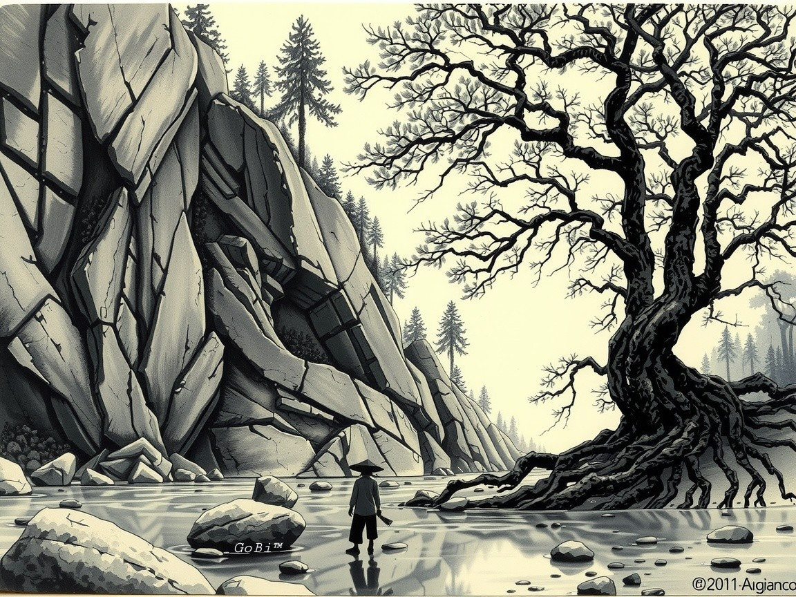 Monochrome Landscape with Solitary Figure and Waterway