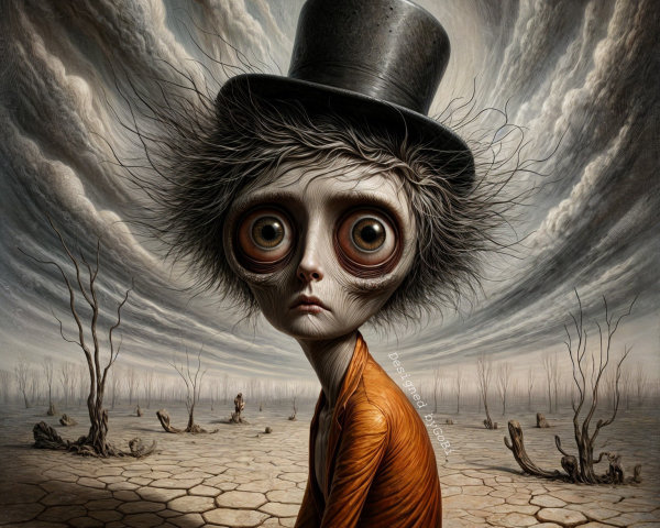 Surreal Character in Whimsical Attire and Landscape