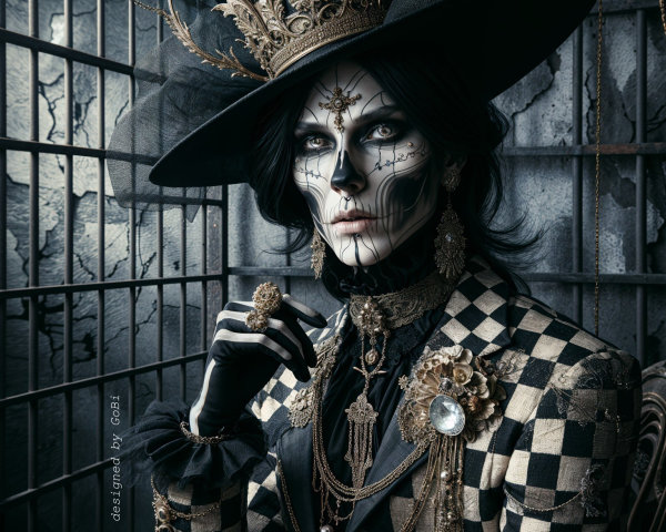 Gothic Figure in Checkered Suit with Skull Makeup