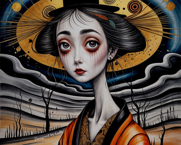 Stylized Figure in Orange Kimono with Golden Halo