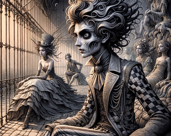 Surreal Gothic Scene with Intricate Characters and Details