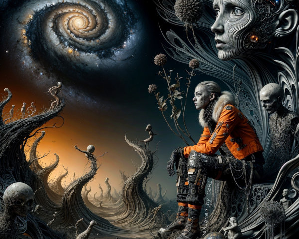 Surreal Landscape with Cosmic Elements and Futuristic Figure