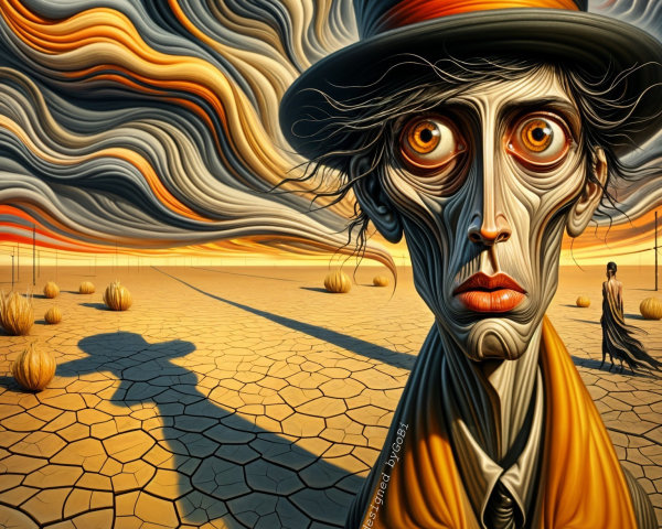 Surreal Landscape with Cracked Ground and Eerie Figures