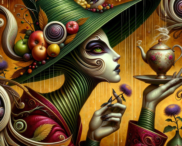 Whimsical Figure with Fruit Hat and Teapot in Colorful Scene