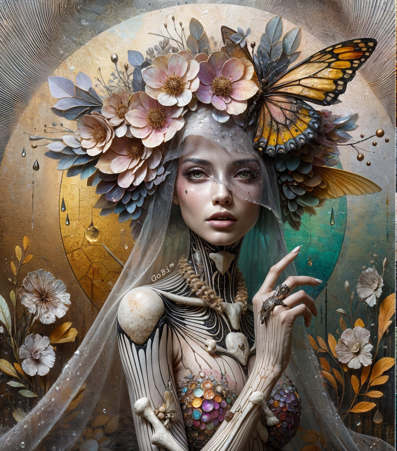 Surreal Figure with Floral Crown and Butterfly Details