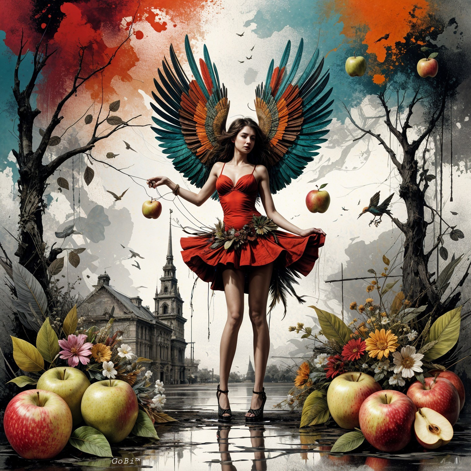 Woman in Red Dress with Colorful Wings in Fantasy Landscape