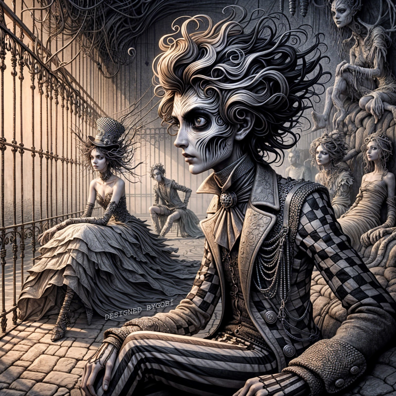 Surreal Gothic Scene with Intricate Characters and Details
