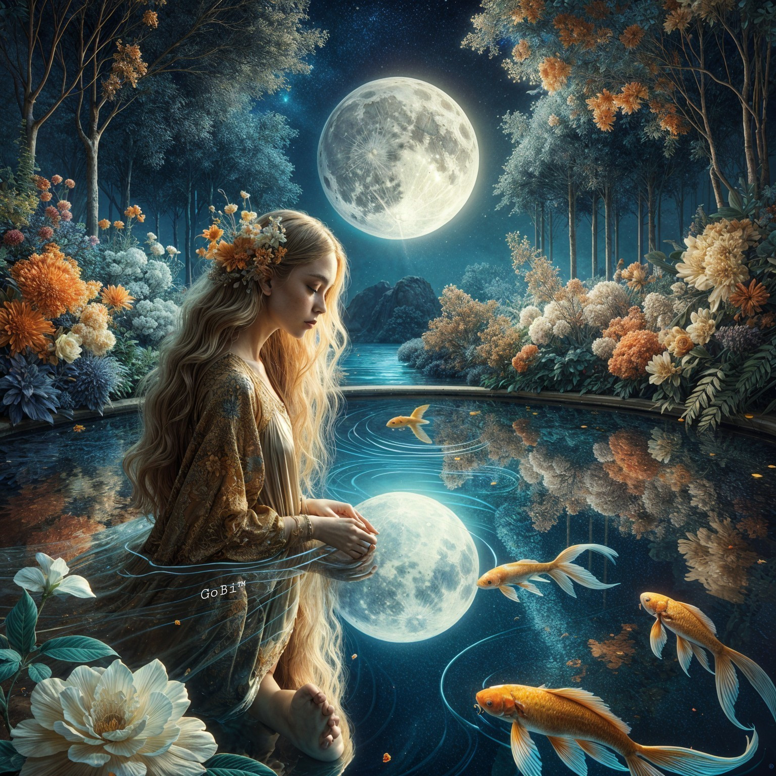 Young Woman by Moonlit Lake with Flowers and Koi Fish