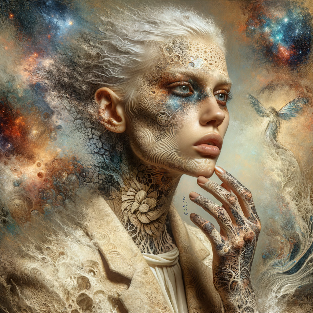 Ethereal Figure with Tattoos in Cosmic Background