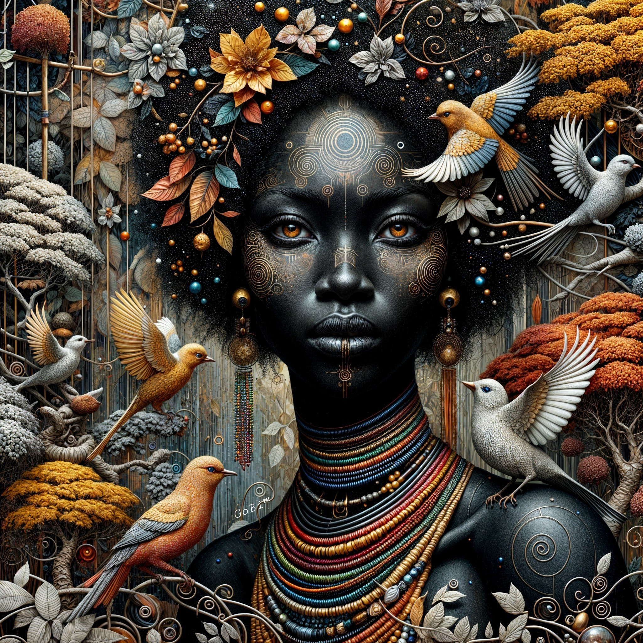 Portrait of a Black Woman with Nature and Patterns