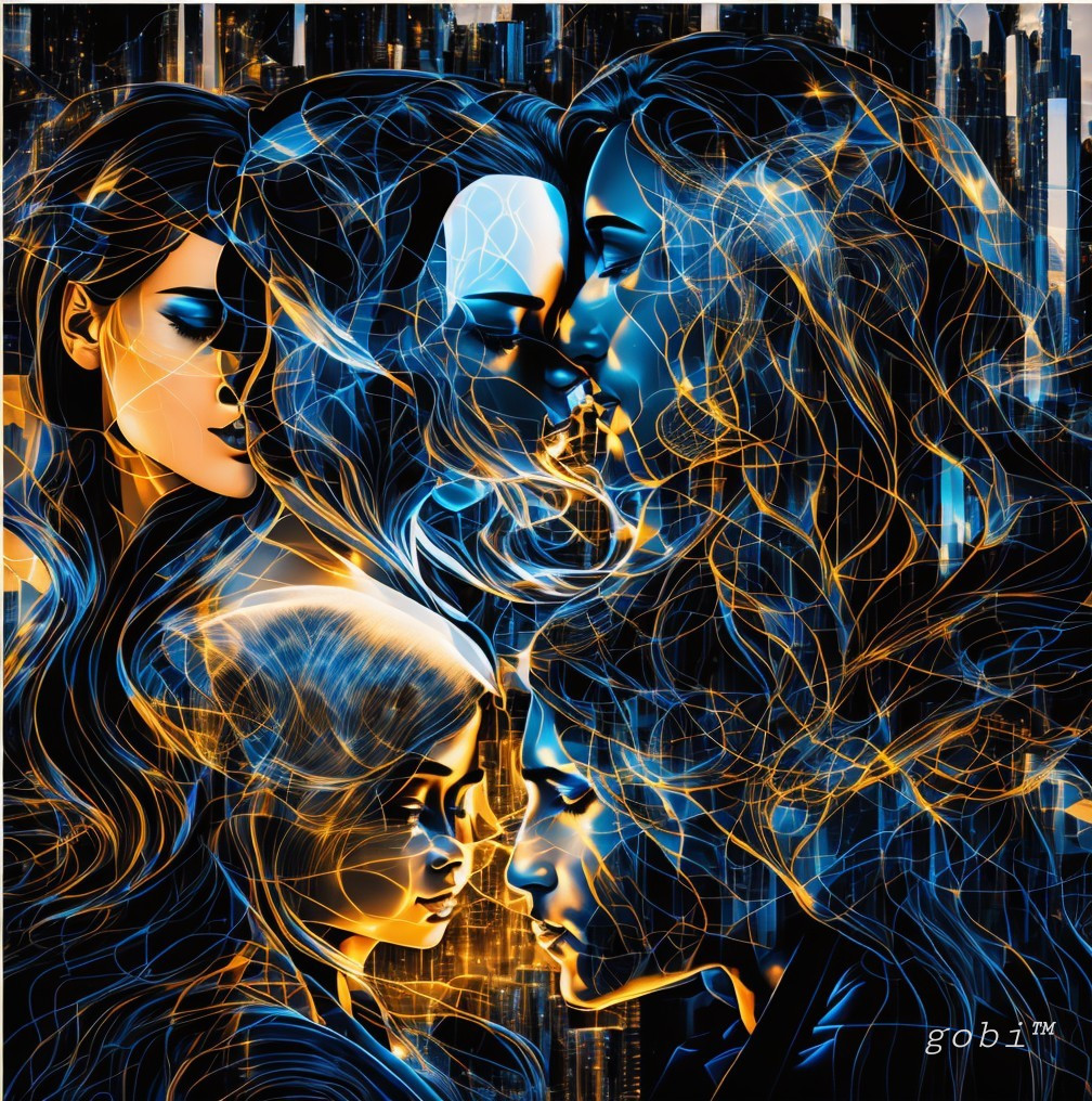 Stylized Female Faces in Futuristic Cityscape Art