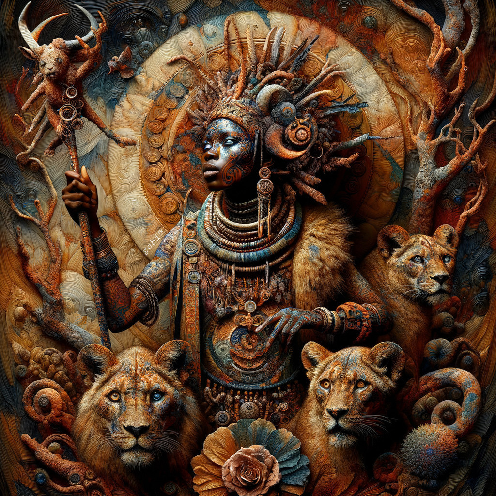 Majestic figure in tribal attire with lions and patterns