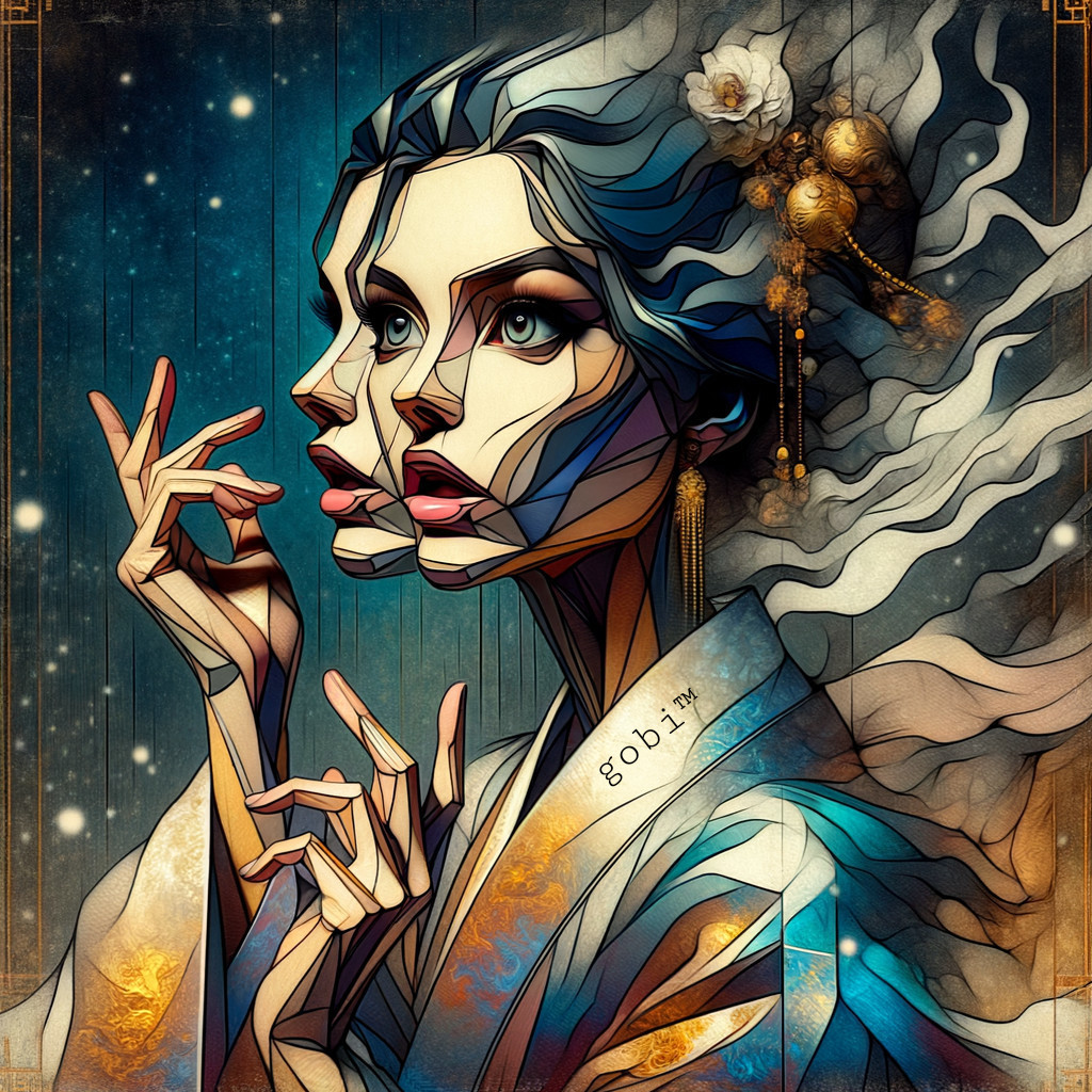Stylized woman illustration with flowing hair and intricate patterns