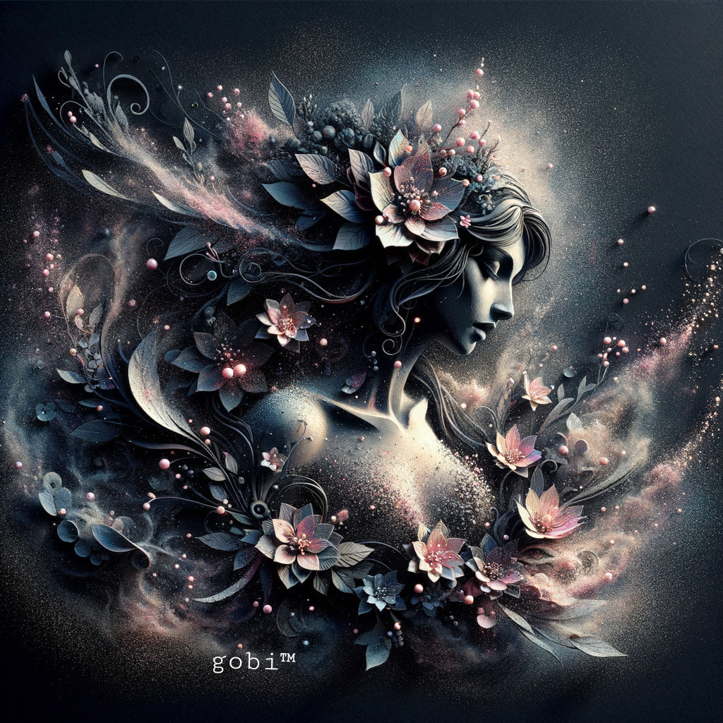 Surreal portrait of a woman with floral elements in galaxy backdrop
