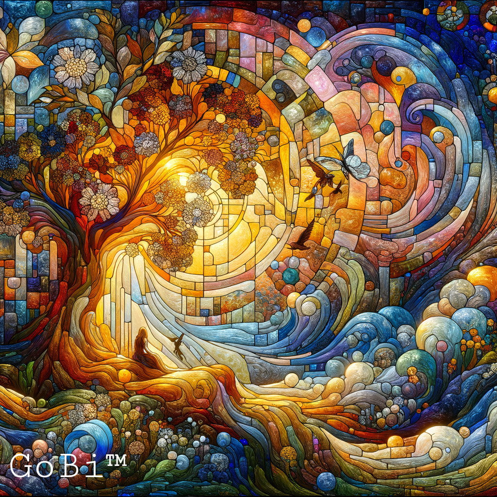 Colorful mosaic artwork with glowing spiral, trees, flowers, patterns, figure, and bird