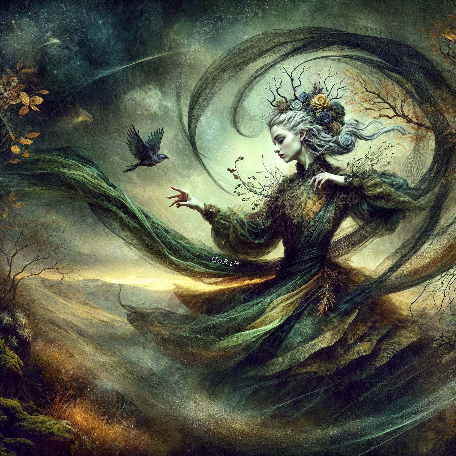 Mystical figure in green fabric in surreal landscape