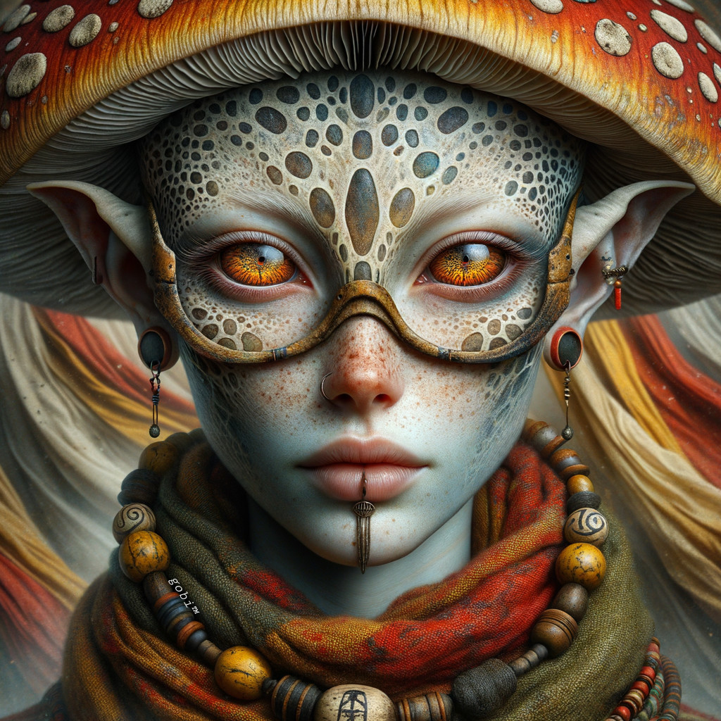 Mystical Character with Large Eyes and Mushroom Hat