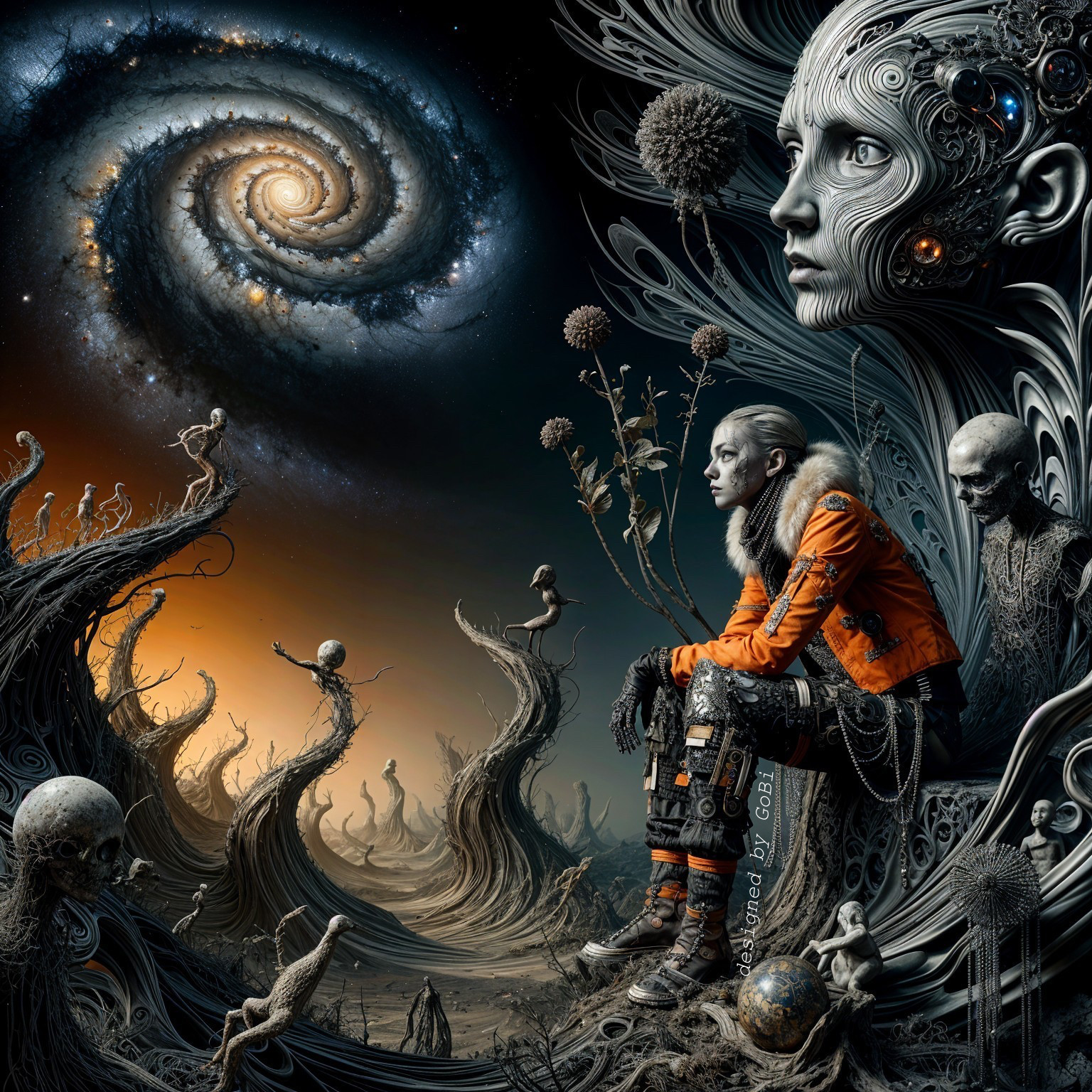 Surreal Landscape with Cosmic Elements and Futuristic Figure
