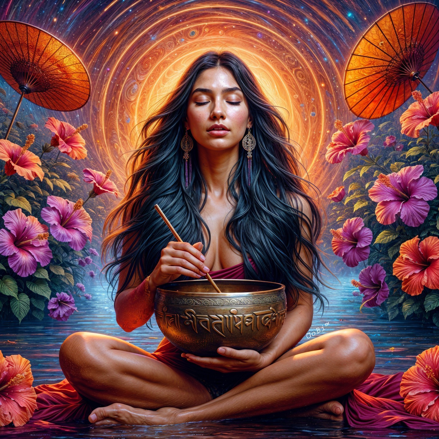 Serene Woman Meditating by Tranquil Water and Flowers