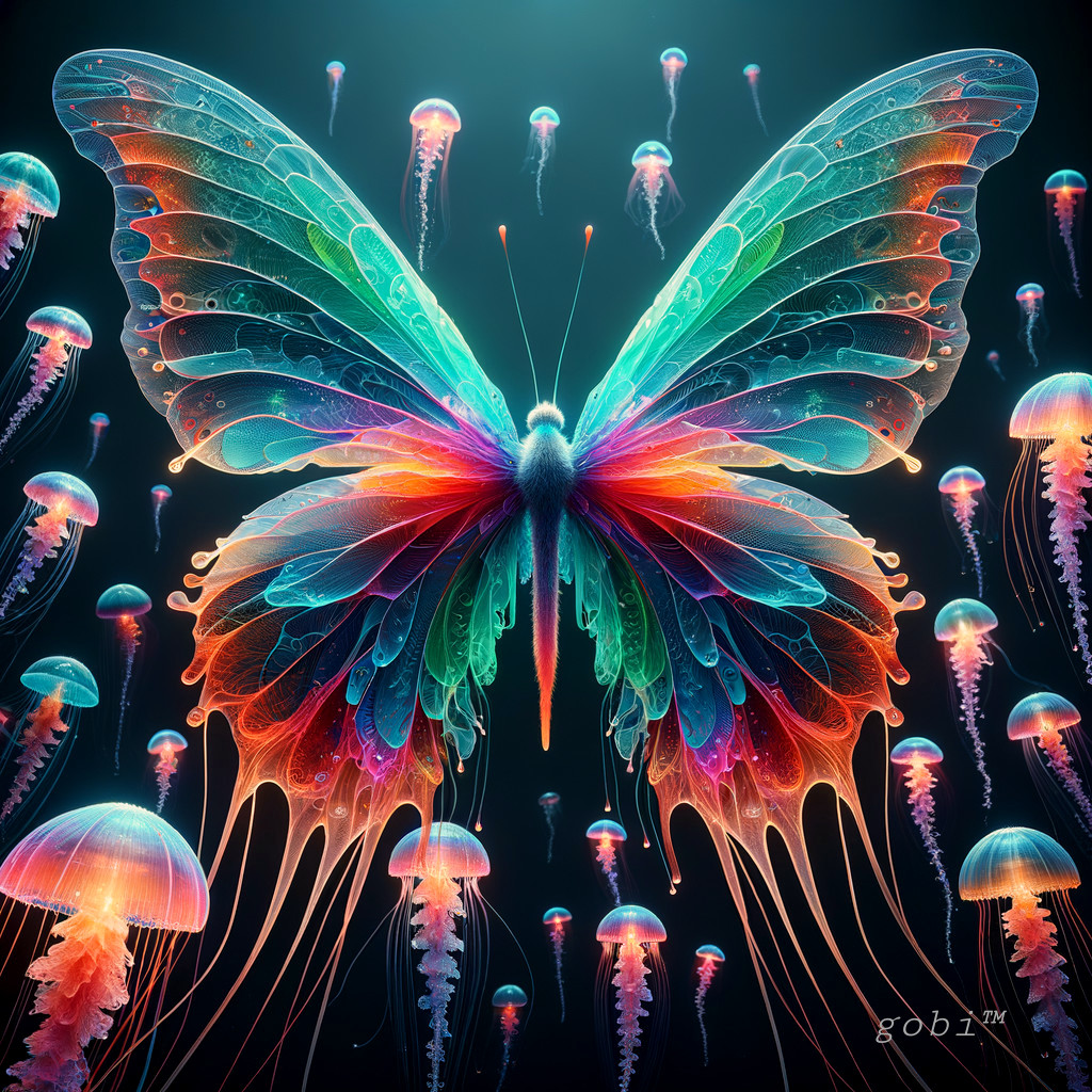 Colorful Butterfly and Ethereal Jellyfish in Dark Setting