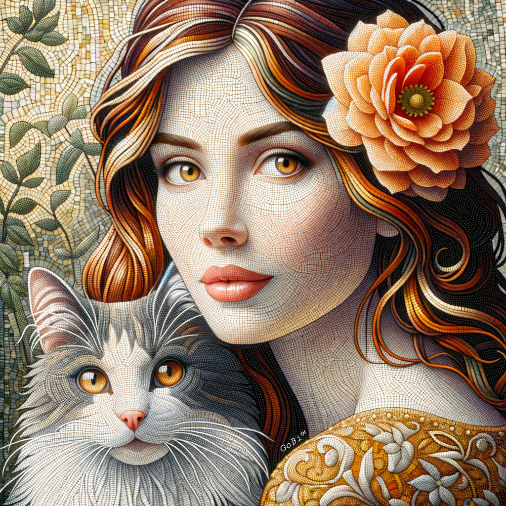 Mosaic Artwork of Woman with Cat and Floral Detail