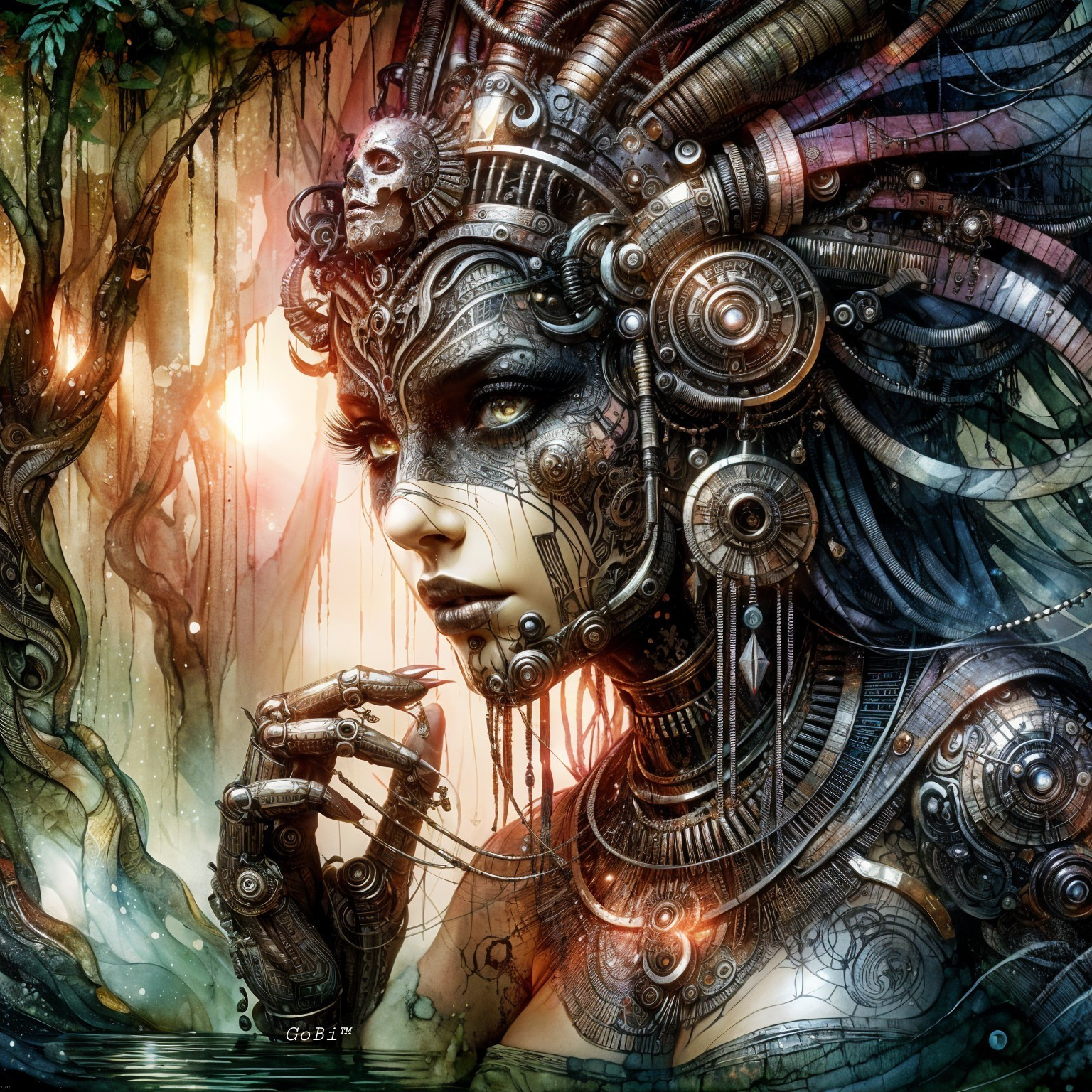 Futuristic Female Figure with Nature and Technology Elements