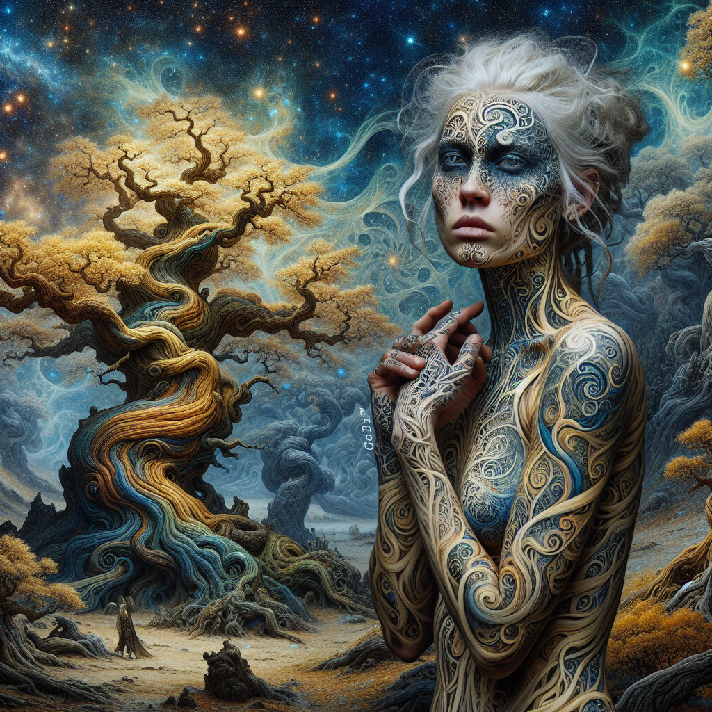 Mystical Scene with Tattooed Woman and Cosmic Tree