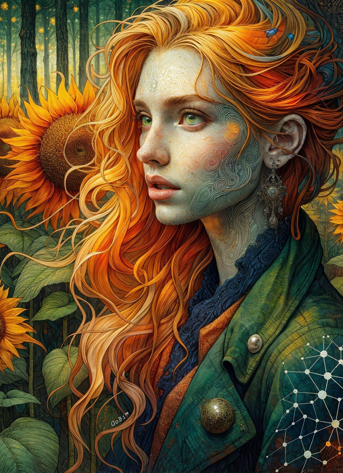 Young Woman with Orange Hair in Sunflower Field