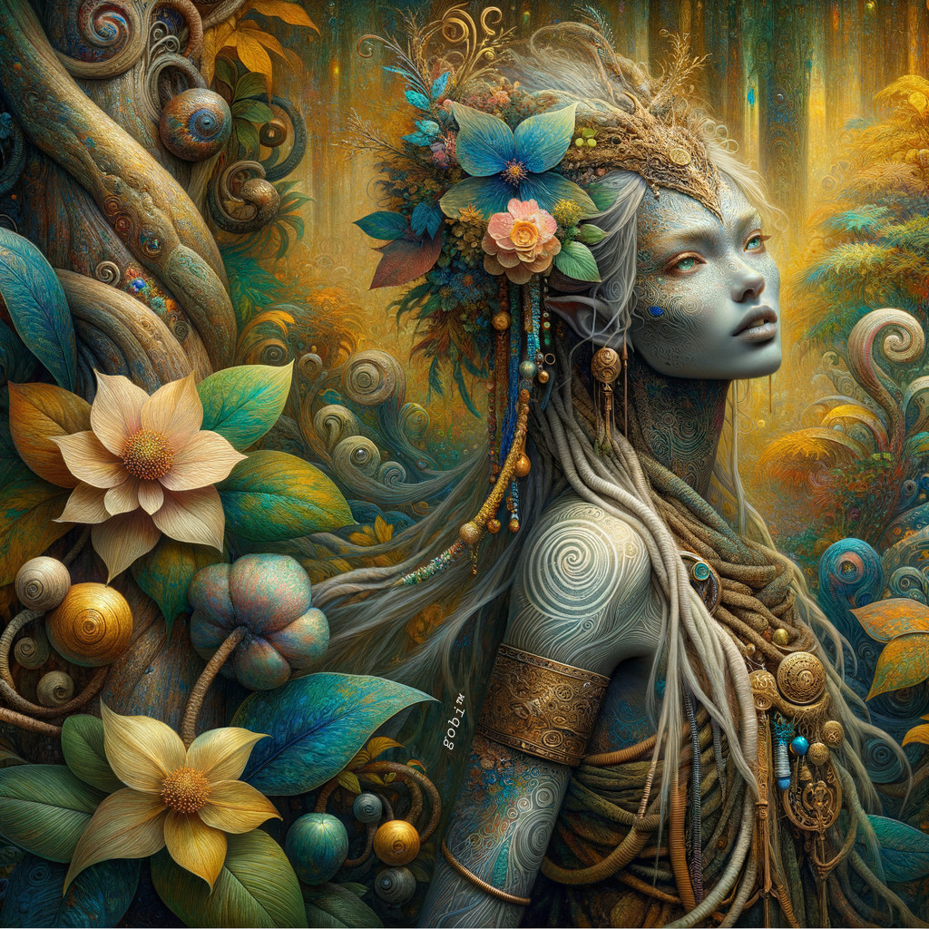 Ethereal Figure Amidst Vibrant Flora and Vines