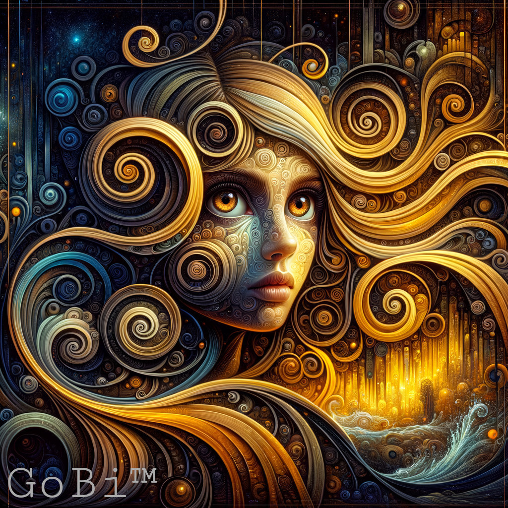 Fantasy-style illustration of a woman with golden locks in intricate, glowing backdrop