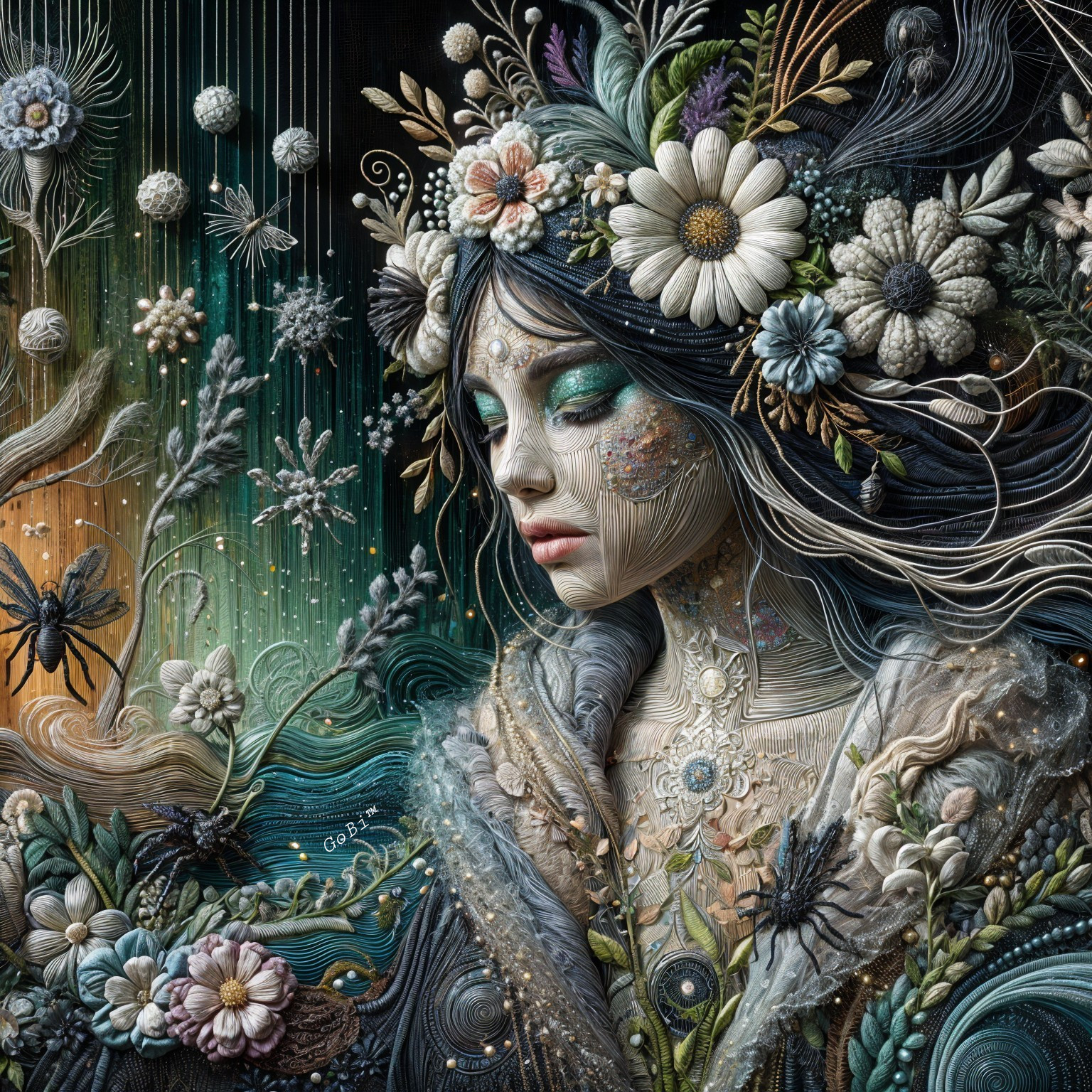 Ethereal Portrait of Woman with Floral Crown and Nature