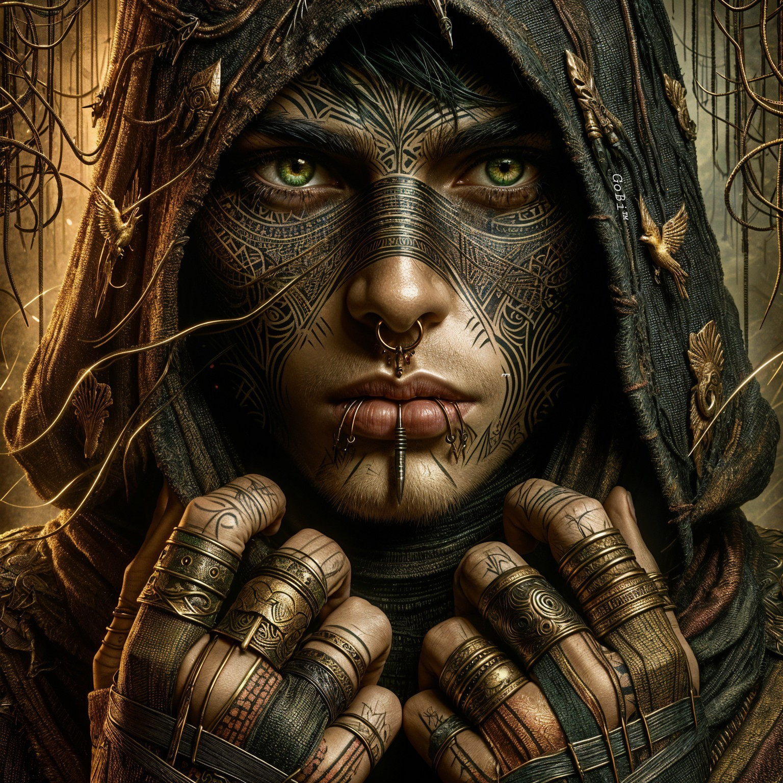 Mysterious Individual with Green Eyes and Tattoos