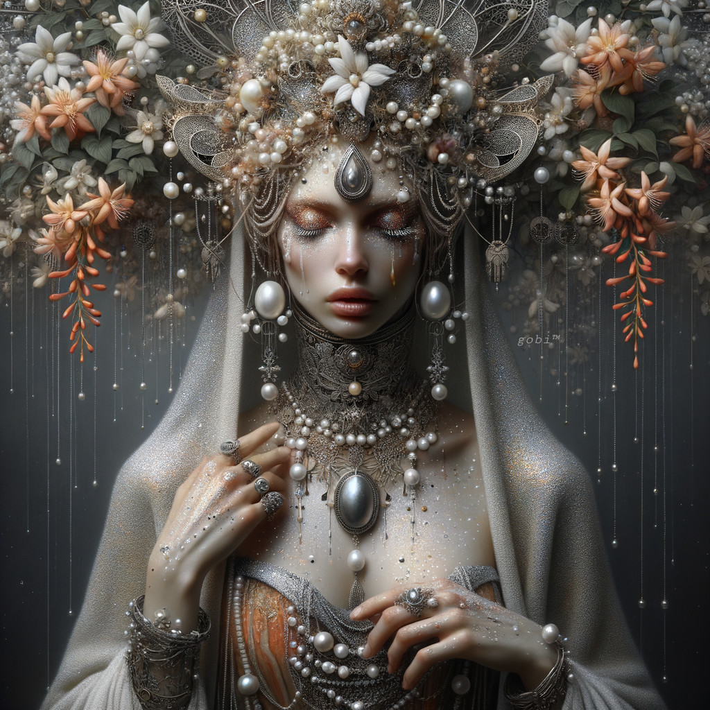 Fantastical Figure with Floral Headdress and Jewelry