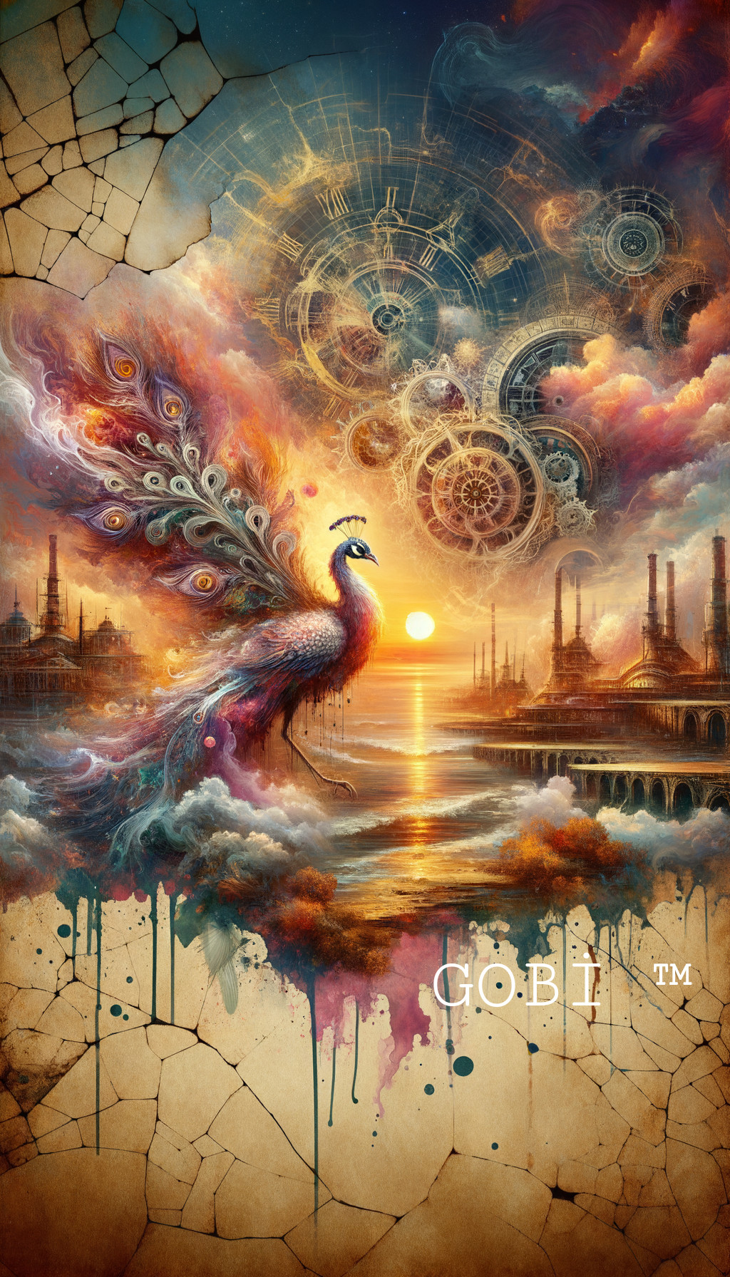 Vibrant peacock with cosmic tail in steampunk cityscape