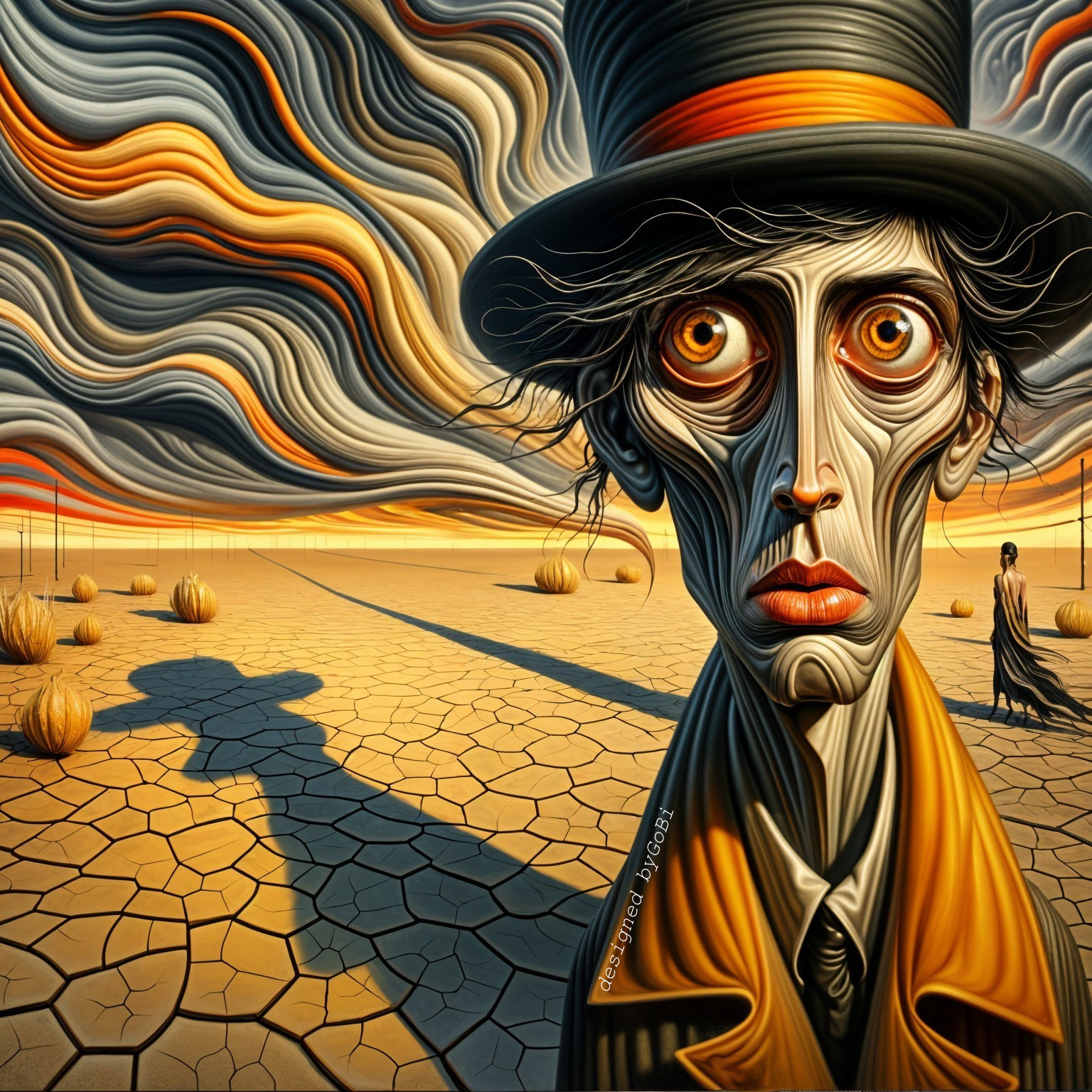 Surreal Landscape with Cracked Ground and Eerie Figures