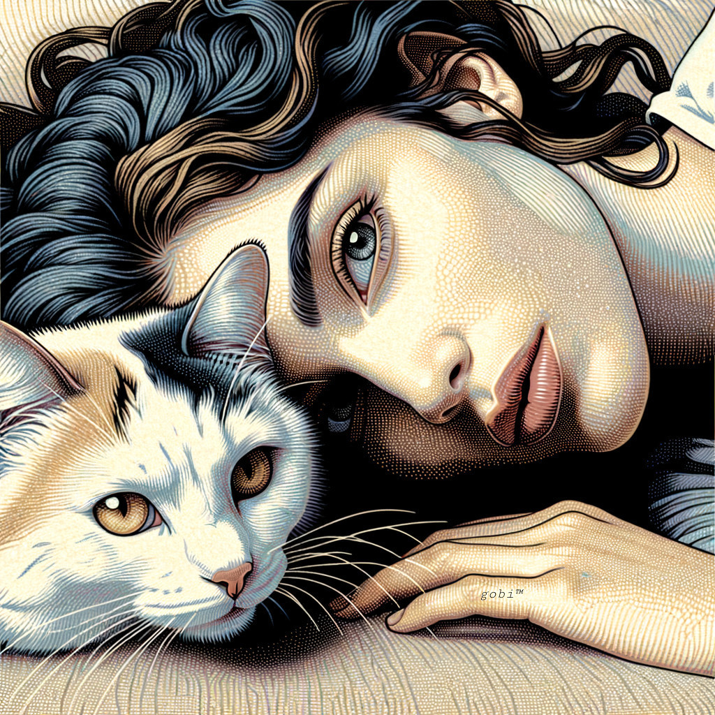 Close-Up Illustration of Woman and Calico Cat