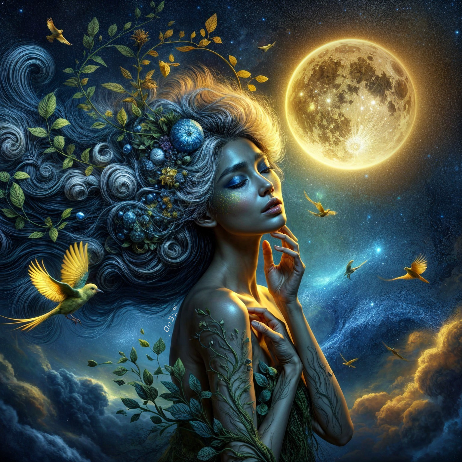 Mystical Woman with Flowers Under a Starry Sky