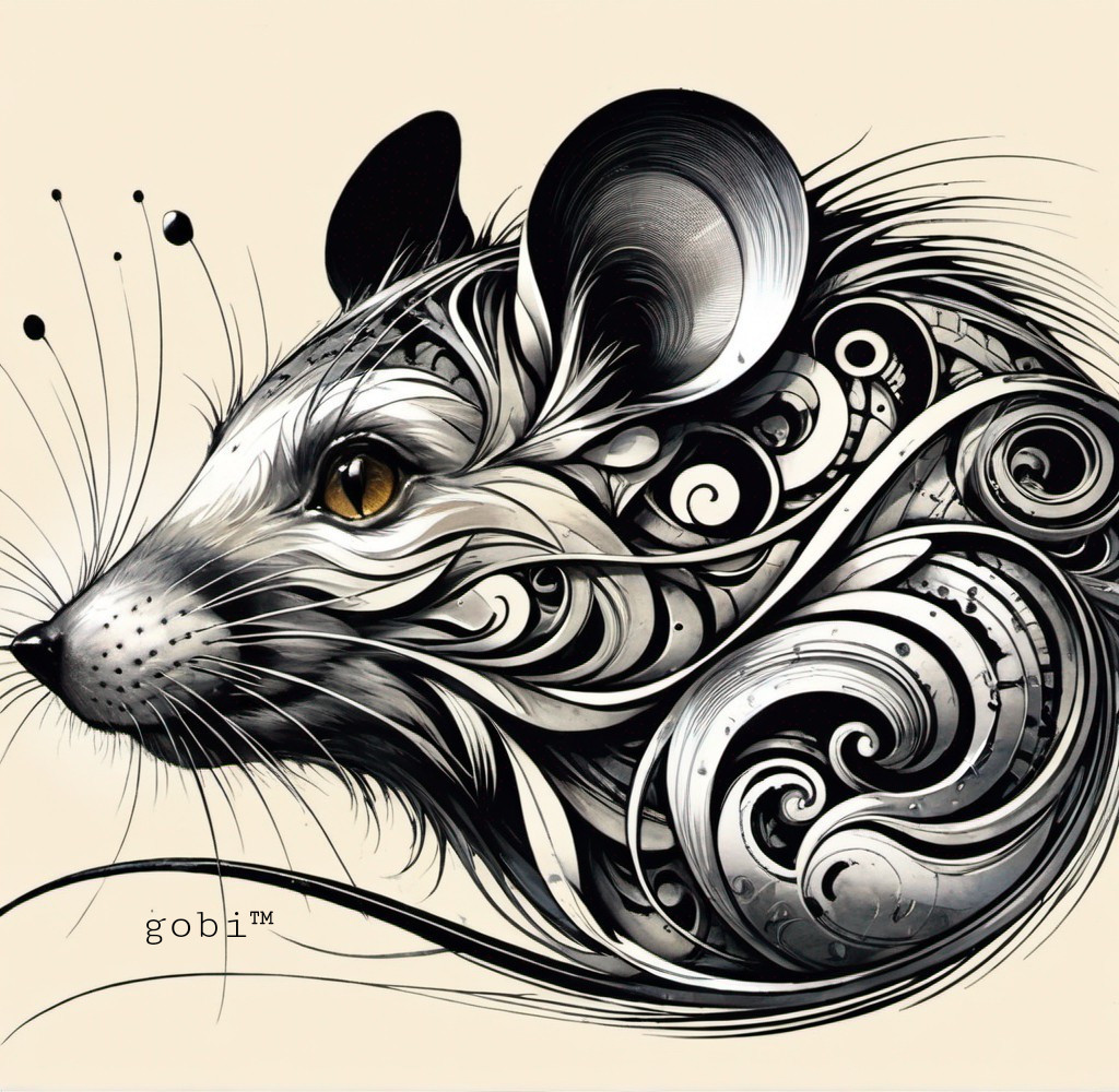 Stylized black and white mouse drawing with golden eye on beige background