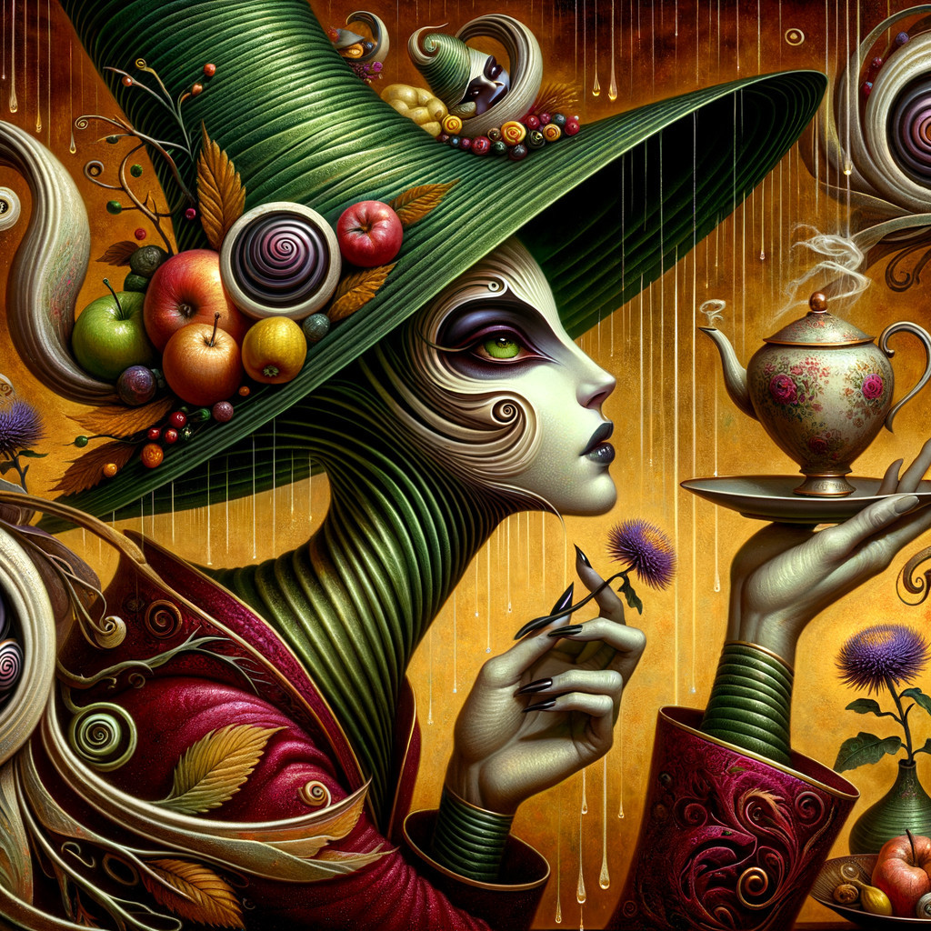 Whimsical Figure with Fruit Hat and Teapot in Colorful Scene