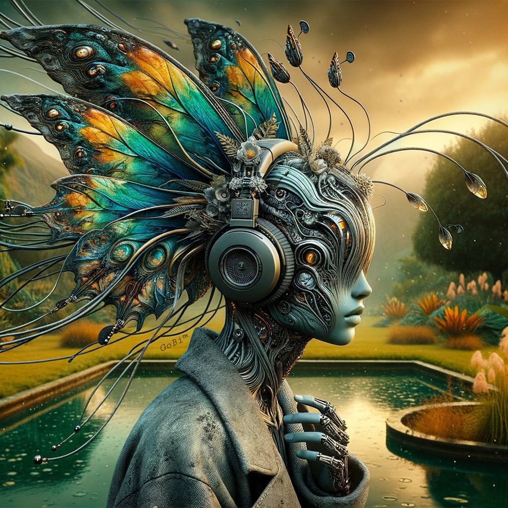 Surreal Figure with Butterfly Wings in Dreamlike Landscape