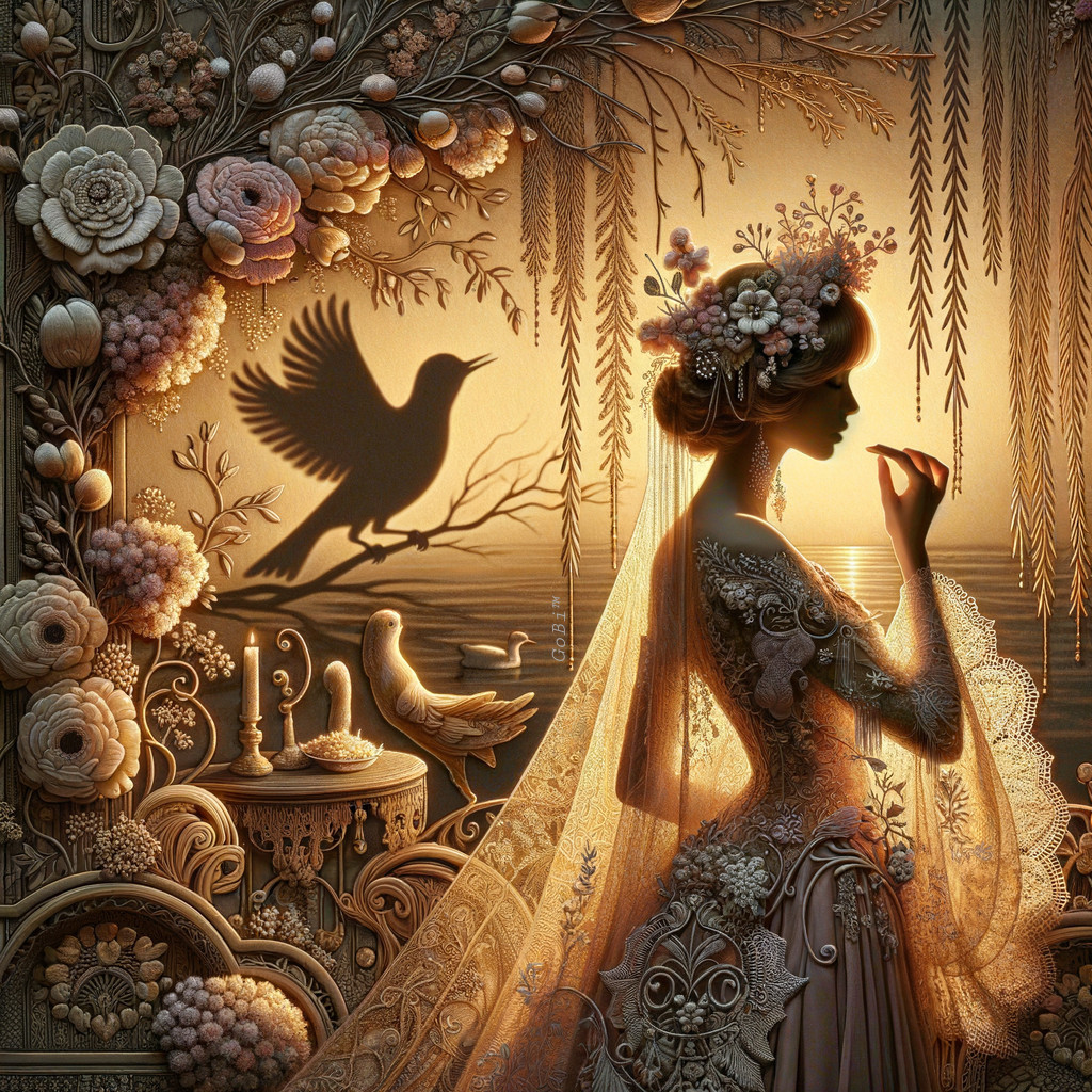 Silhouette of Woman in Gown with Floral Tapestry