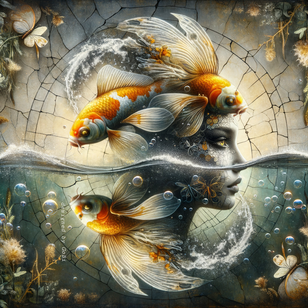 Surreal Artwork of Woman's Face and Goldfish in Water