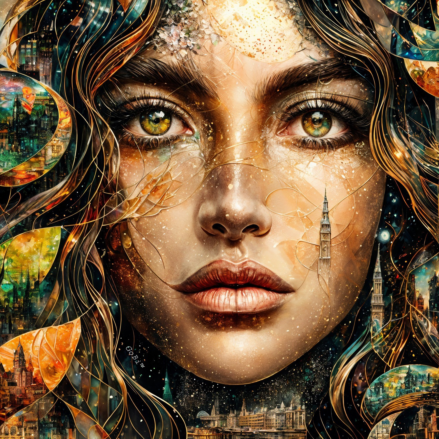 Intricate portrait of a woman with green eyes and dark hair