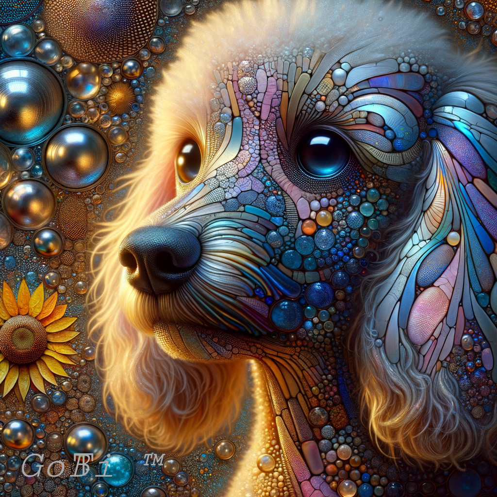 Colorful digital artwork of a dog with mosaic-like texture, bubbles, and sunflower