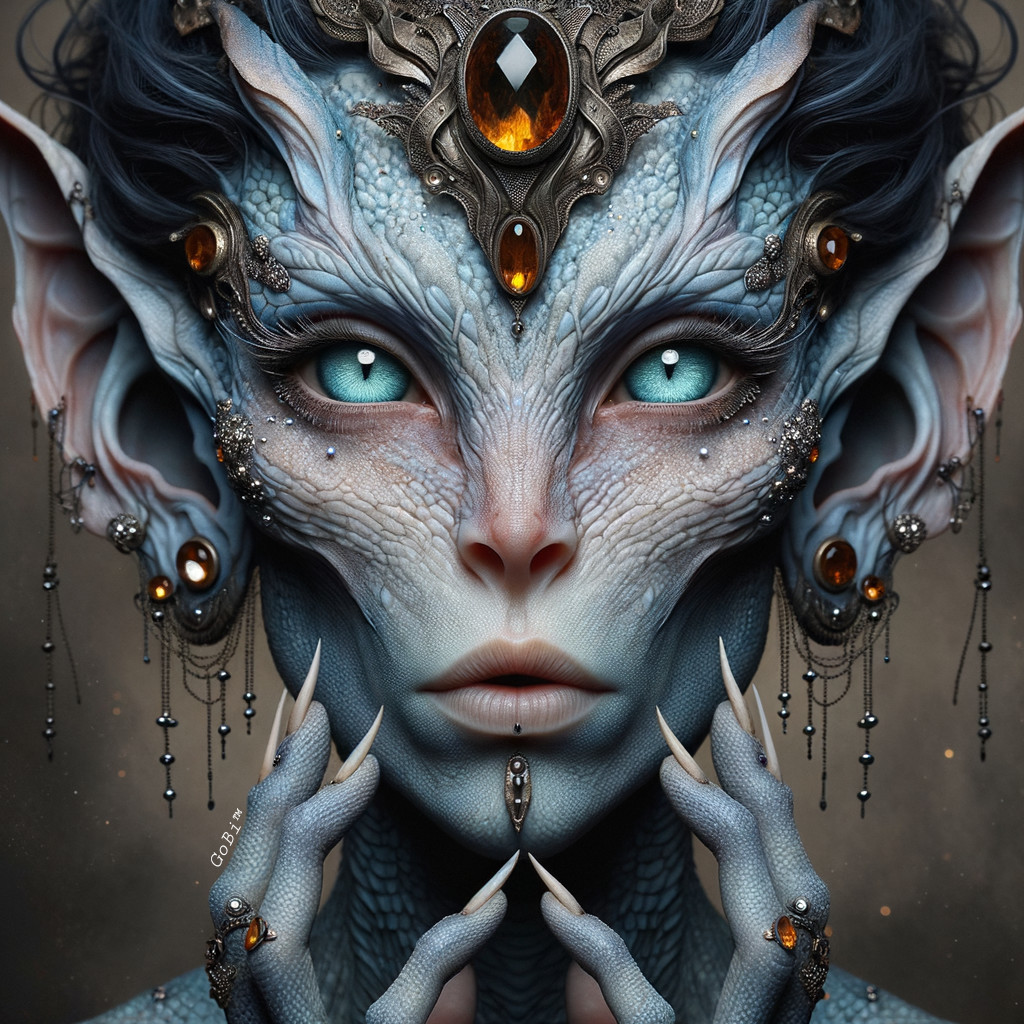 Humanoid Character with Shimmering Blue Skin and Eyes